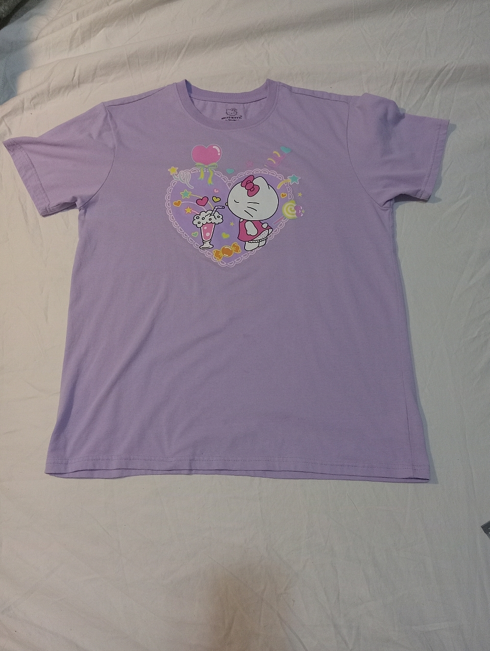 Hello Kitty Lilac Purple Graphic Tee Size L Cute Milkshake Heart Graphic Cotton